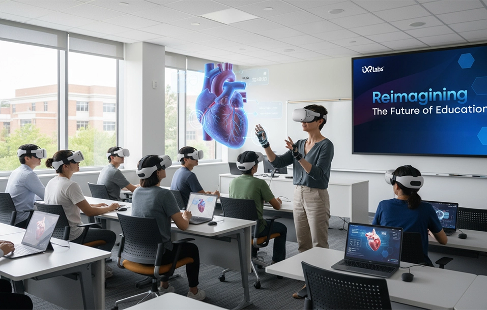 VR classroom: a teacher and students in headsets explore a life-size 3D heart model
