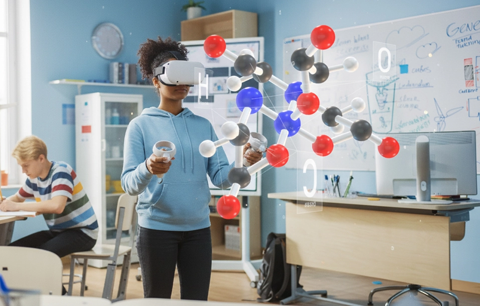 Student in a VR headset manipulating a 3D molecular model during a chemistry experiment