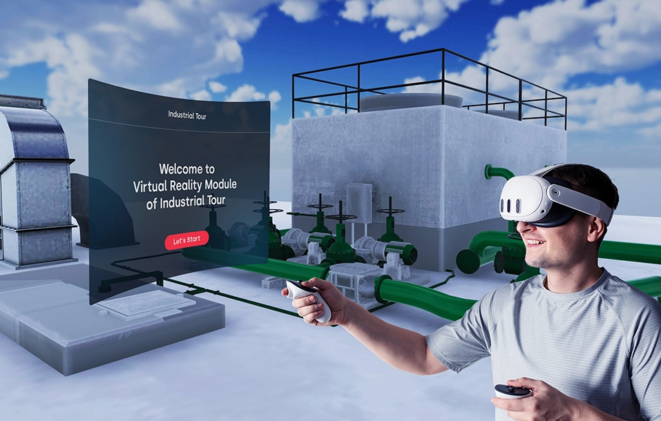 VR industrial plant tour with a learner navigating piping and equipment in a virtual facility
