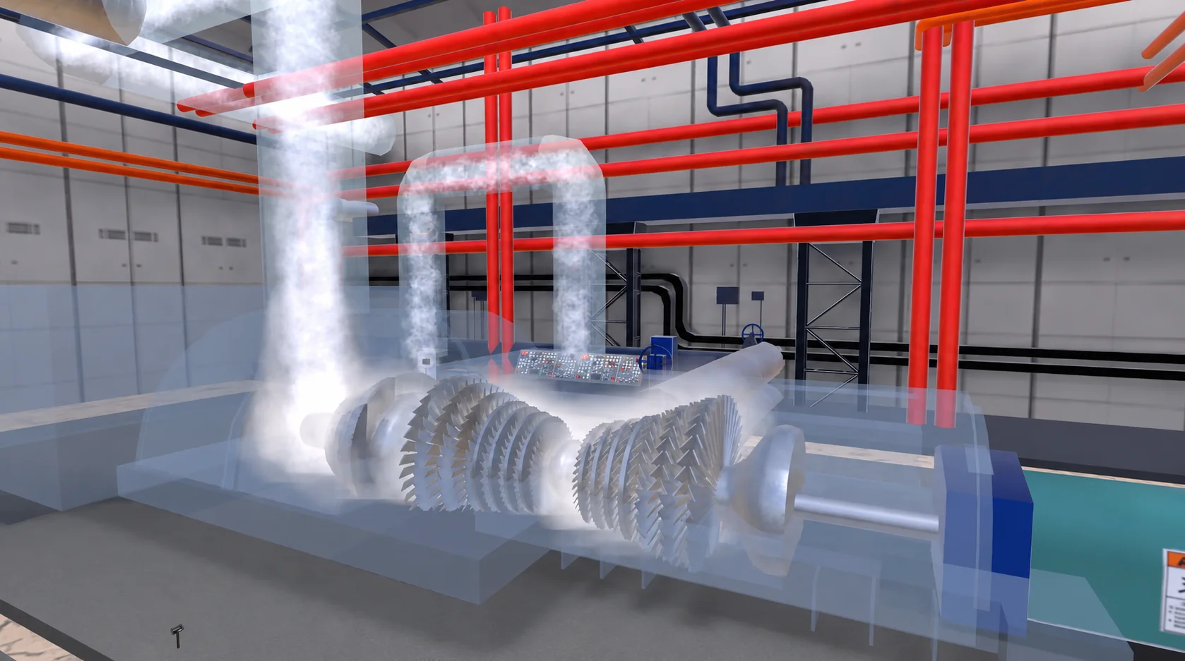 Inside the steam turbine hall showing rotor and blades with steam