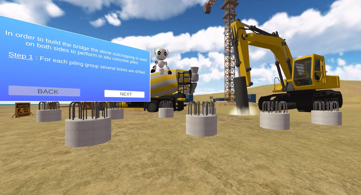 An iXRLabs VR civil engineering module showing surveying across varied terrain
