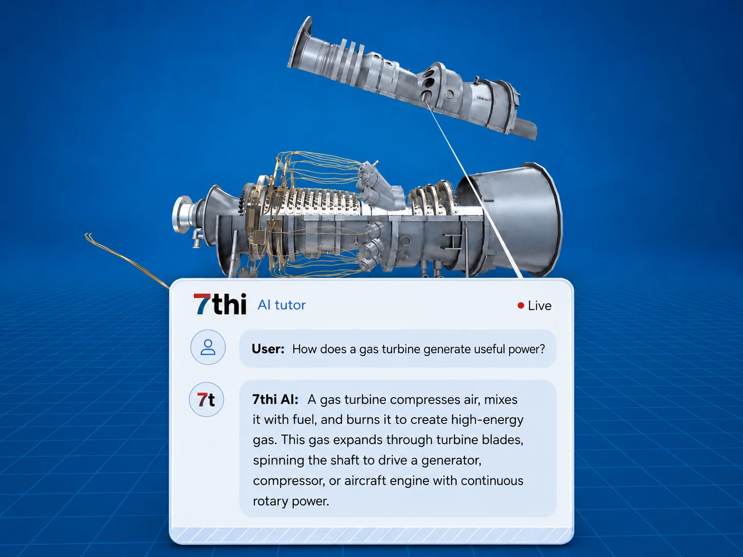 VR gas turbine module with the 7thi AI tutor answering a question