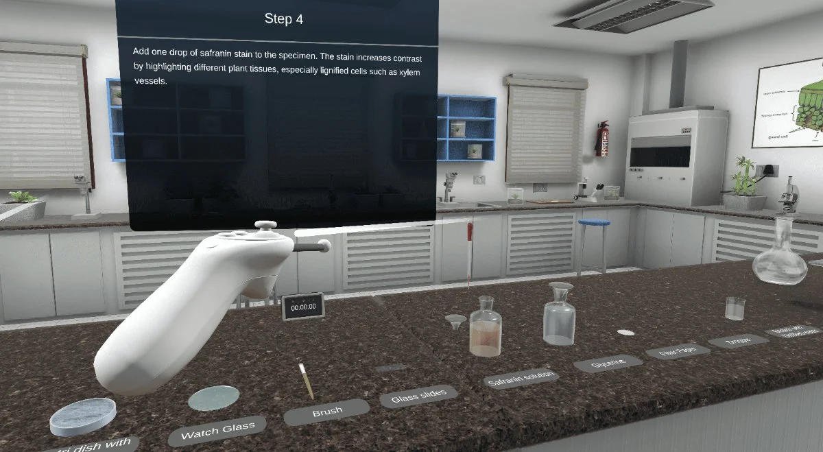 Step-by-step virtual biology practical, staining a plant tissue specimen at a lab bench