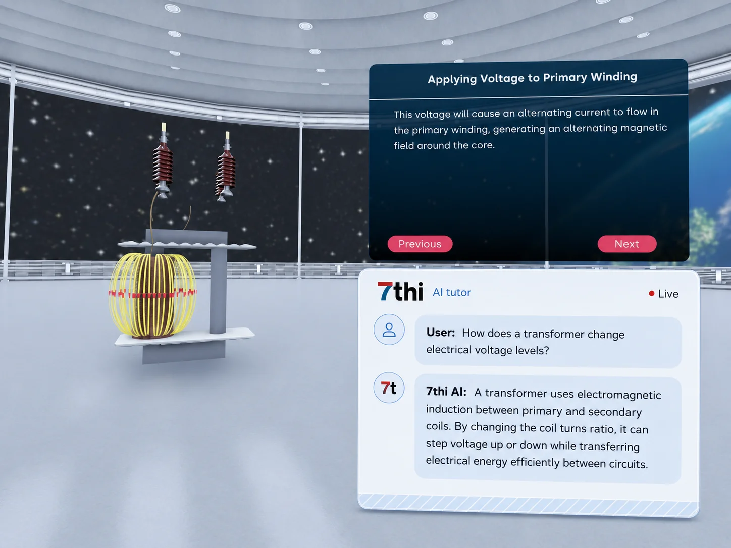 VR power transformer module with the 7thi AI tutor answering a question