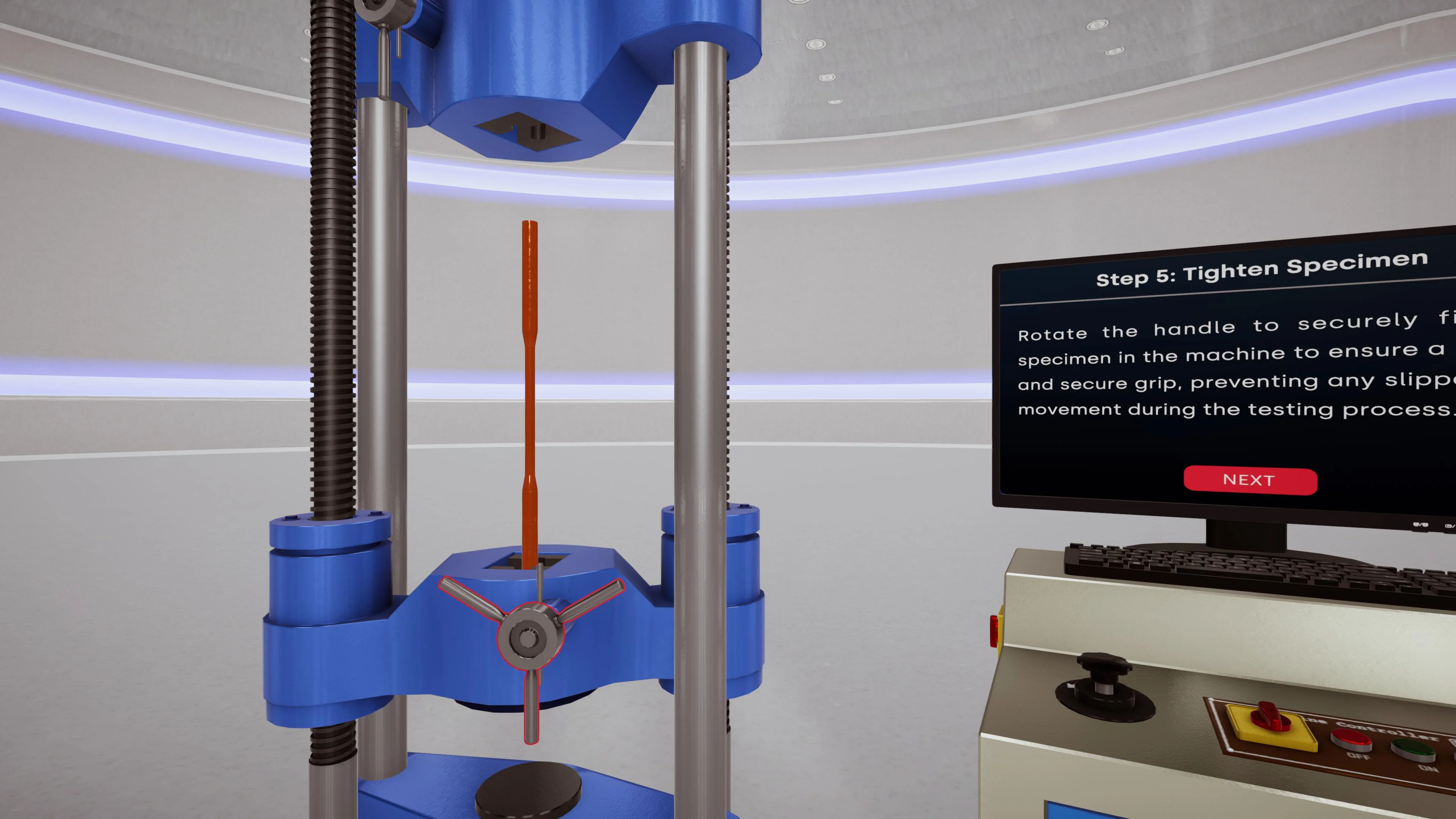 VR tensile testing - tightening the specimen