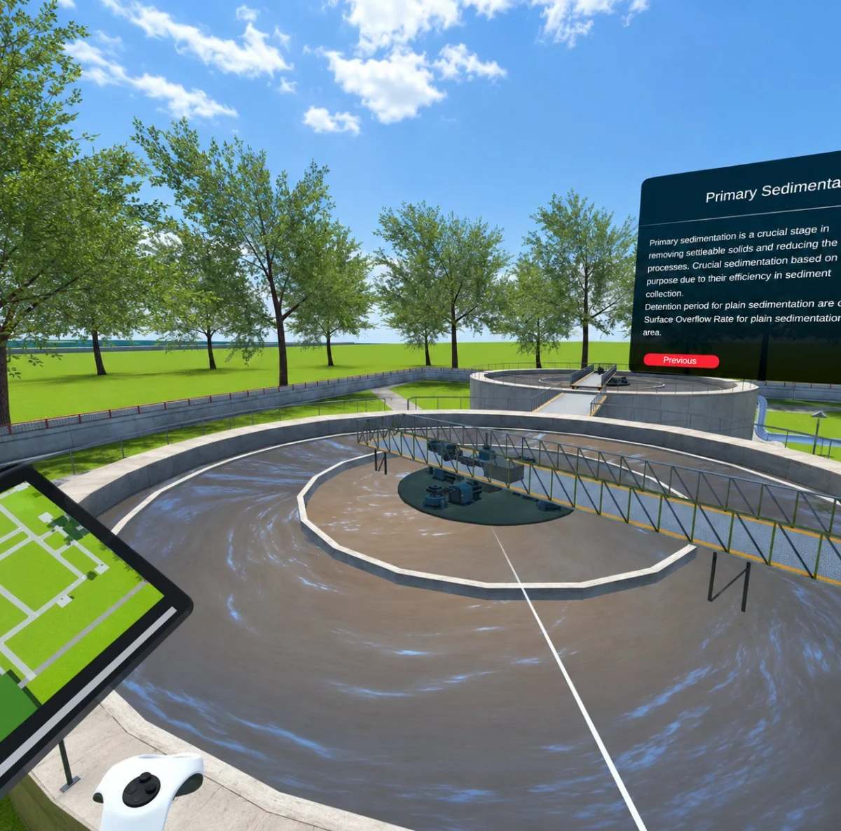 Virtual walkthrough of a water treatment plant showing settling tanks and pipework